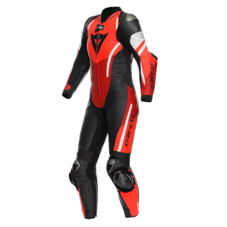 Dainese Misano 3 D-Air Women’s 1 Piece Perforated Leather Motorcycle Suit - Black/Red/Fluro Red