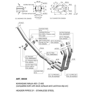 LeoVince Stainless Steel Header Pipes Kawasaki Ninja 400, Ninja 500, Z400 & Z500 2018+