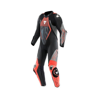 Dainese Audax D-Zip One Piece Leather Perforated Racing Suit - Black/Red-Fluro/Anthracite