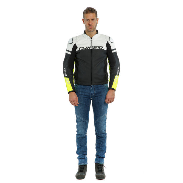 Dainese Agile Leather Jacket - Matt Black/White/Fluro Yellow