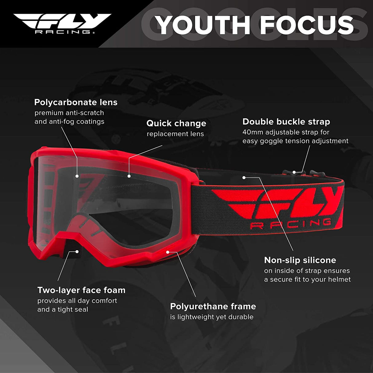 Fly Racing Focus Motorcycle Youth Goggles With Clear Lens -  Red/White