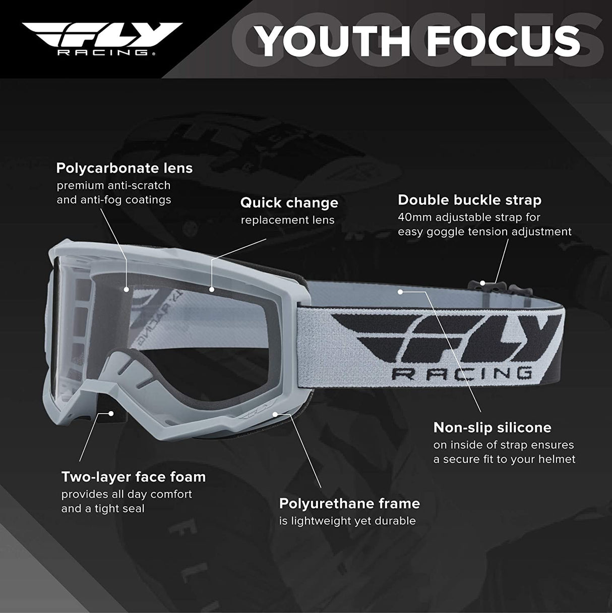 Fly Racing Focus Motorcycle Youth Goggles With Clear Lens -  Grey/Dark Grey